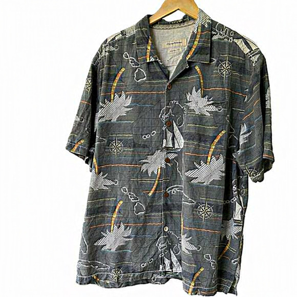 Tommy Bahama Hawaiian Silk Shirt  Sailboats  Palm Trees Print Men's XL - Picture 1 of 6
